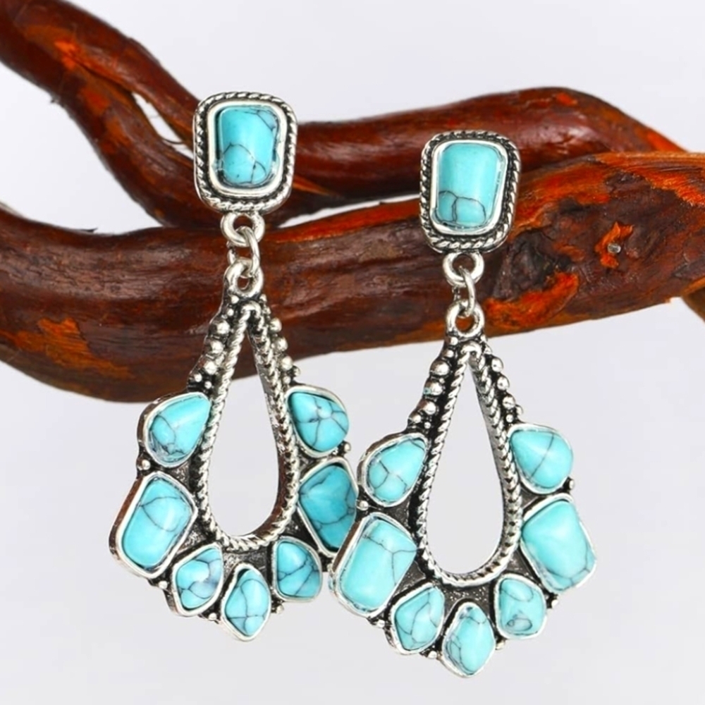 Turquoise Earrings 925 Silver Plated Western Bohemian Boho Blue Silvery Jewelry - Picture 3 of 8